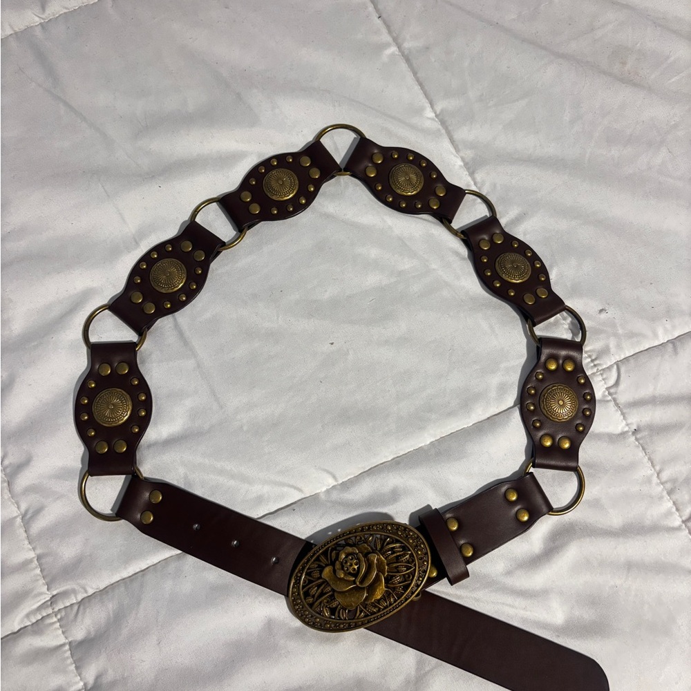 Brown Leather Belt with Gold Accents